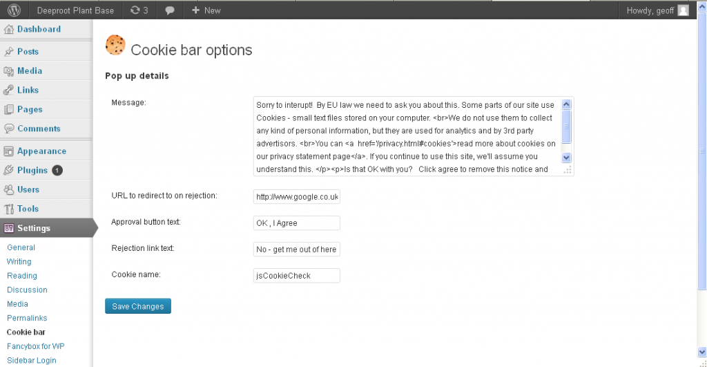 Cookie Bar plug-in for WordPress – Deeproot Software